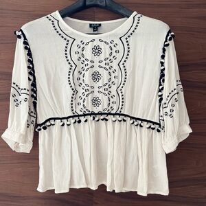 a.n.a Ivory and Black Embroidered Peasant Blouse
